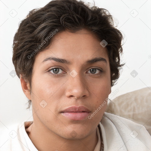 Neutral white young-adult female with short  brown hair and grey eyes