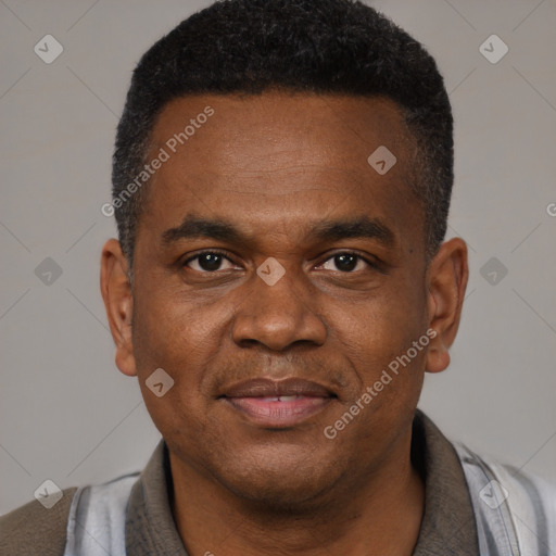 Joyful black young-adult male with short  brown hair and brown eyes