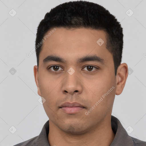 Neutral asian young-adult male with short  black hair and brown eyes