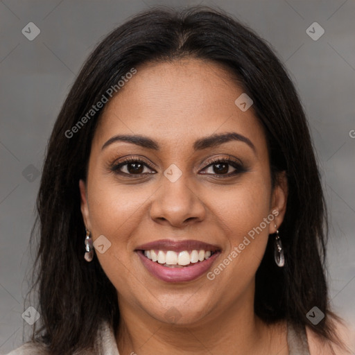 Joyful latino young-adult female with medium  brown hair and brown eyes