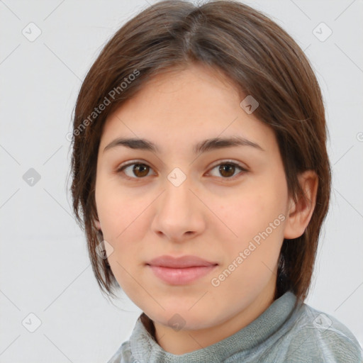 Neutral white young-adult female with medium  brown hair and brown eyes