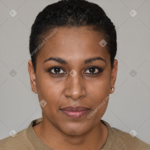 Joyful black young-adult female with short  brown hair and brown eyes