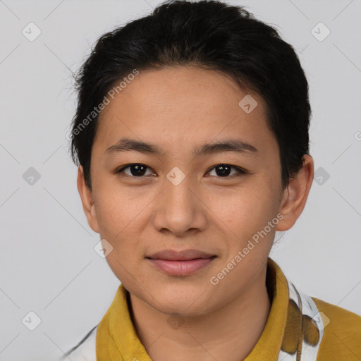 Joyful asian young-adult female with short  brown hair and brown eyes