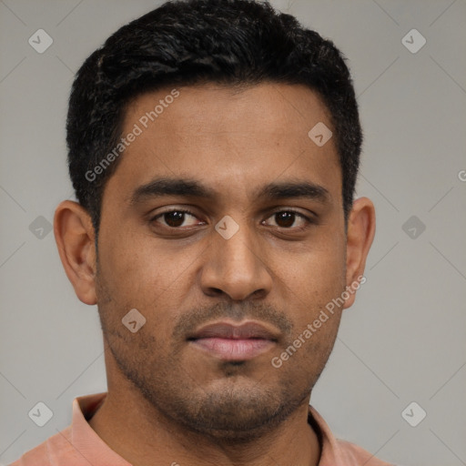 Neutral black young-adult male with short  black hair and brown eyes