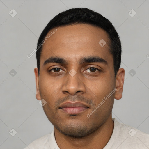 Neutral latino young-adult male with short  black hair and brown eyes