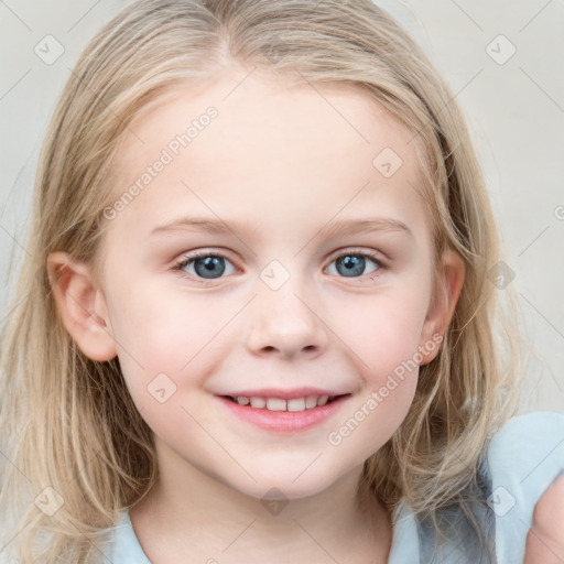 Joyful white child female with medium  brown hair and blue eyes