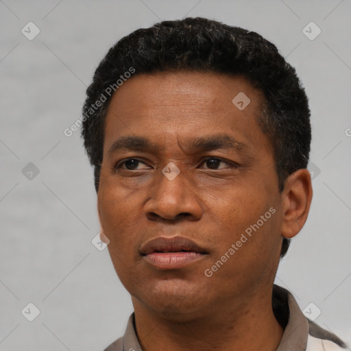 Neutral latino adult male with short  black hair and brown eyes