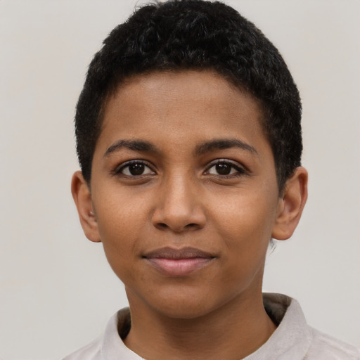 Neutral black young-adult female with short  black hair and brown eyes