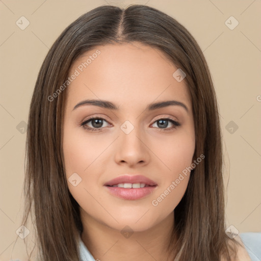 Neutral white young-adult female with long  brown hair and brown eyes