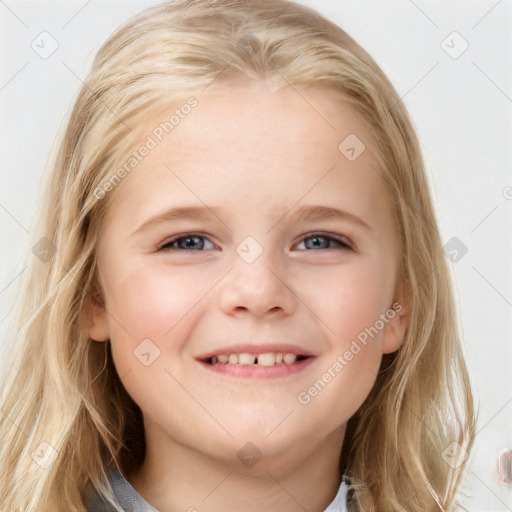 Joyful white child female with medium  blond hair and blue eyes