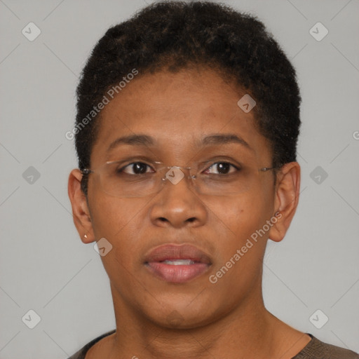 Neutral black young-adult female with short  brown hair and brown eyes