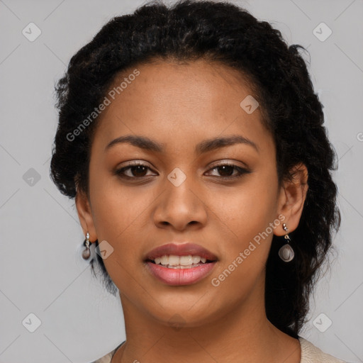 Joyful latino young-adult female with short  black hair and brown eyes