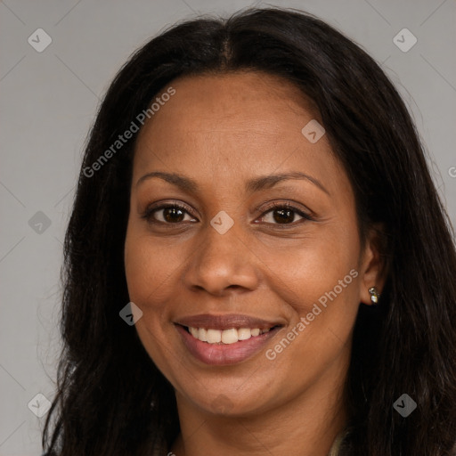 Joyful asian young-adult female with long  brown hair and brown eyes