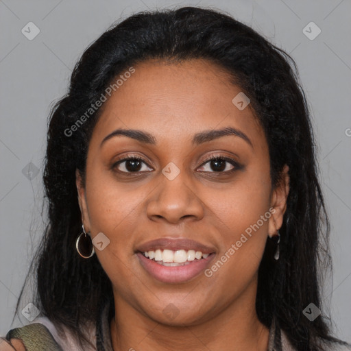 Joyful latino young-adult female with long  brown hair and brown eyes