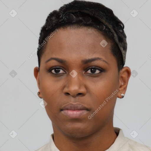 Neutral black young-adult female with short  black hair and brown eyes