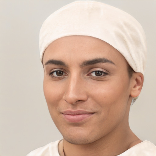 Joyful white young-adult female with short  black hair and brown eyes