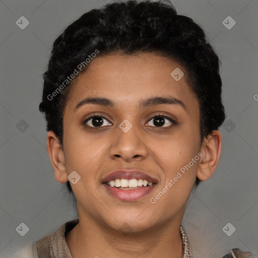 Joyful latino young-adult female with short  black hair and brown eyes