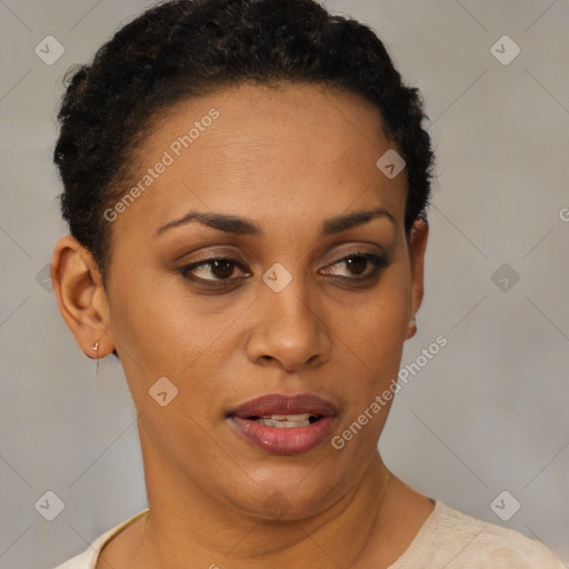 Joyful latino young-adult female with short  brown hair and brown eyes