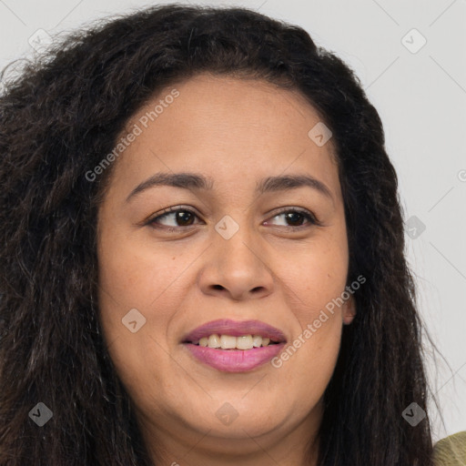 Joyful latino young-adult female with long  brown hair and brown eyes