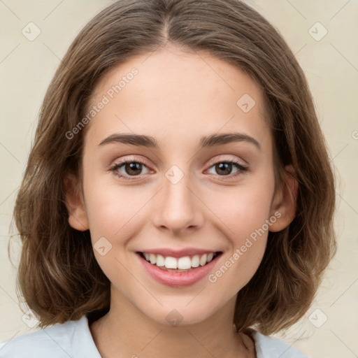 Joyful white young-adult female with medium  brown hair and green eyes