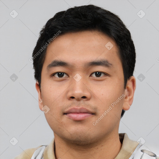 Neutral asian young-adult male with short  black hair and brown eyes