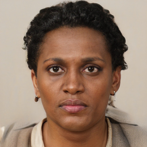 Neutral black young-adult female with short  brown hair and brown eyes