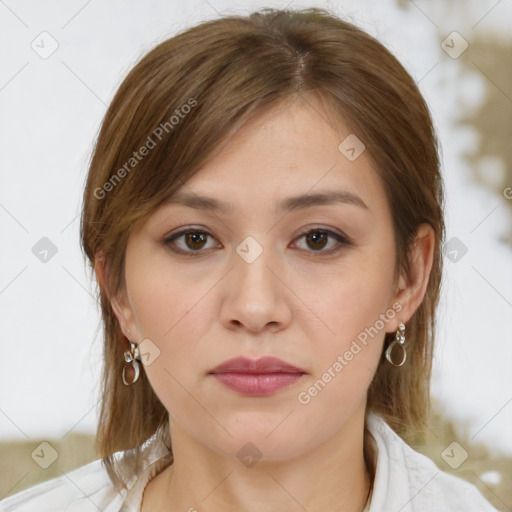 Neutral white young-adult female with medium  brown hair and brown eyes