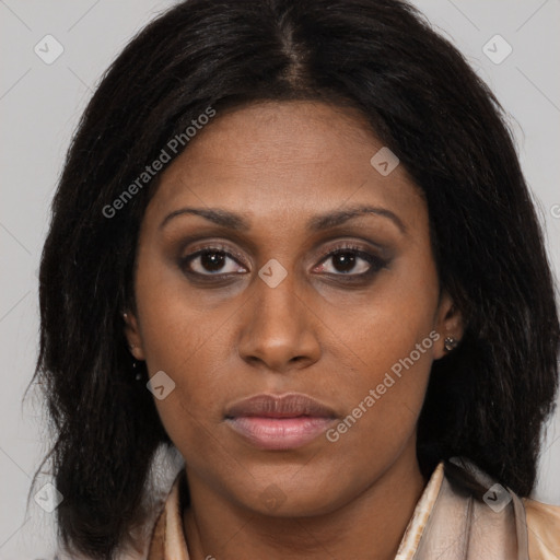 Neutral asian young-adult female with long  brown hair and brown eyes