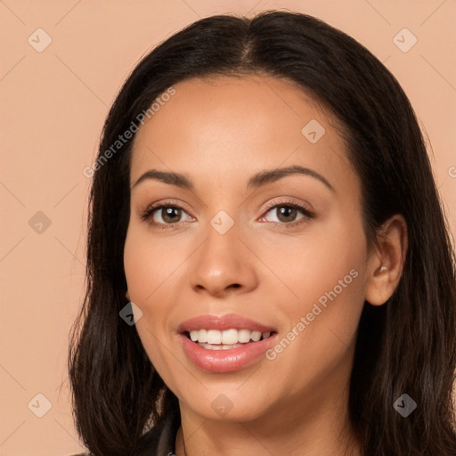 Joyful white young-adult female with long  brown hair and brown eyes