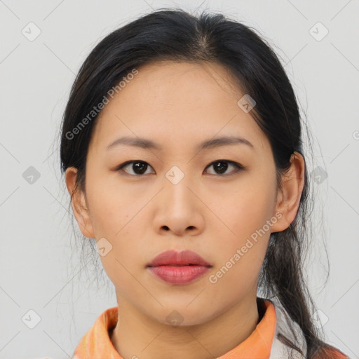 Neutral asian young-adult female with medium  brown hair and brown eyes