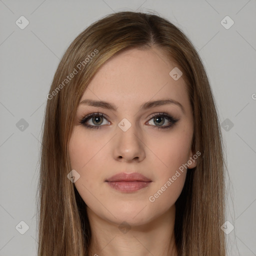 Neutral white young-adult female with long  brown hair and brown eyes