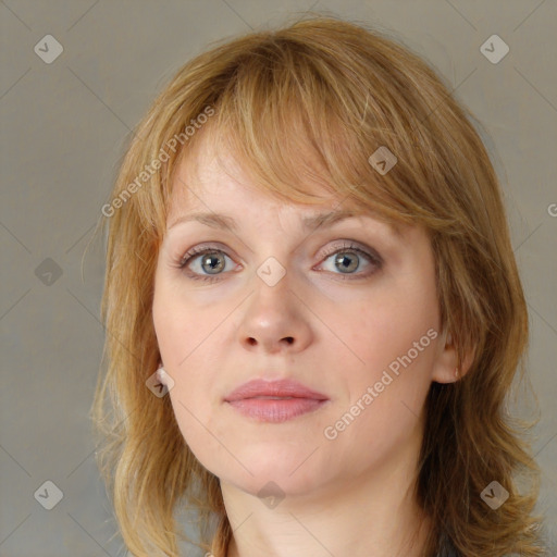 Neutral white young-adult female with medium  brown hair and blue eyes