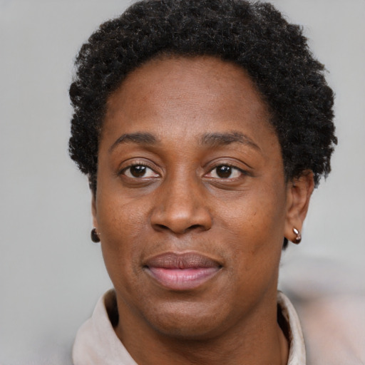 Joyful black adult female with short  black hair and brown eyes