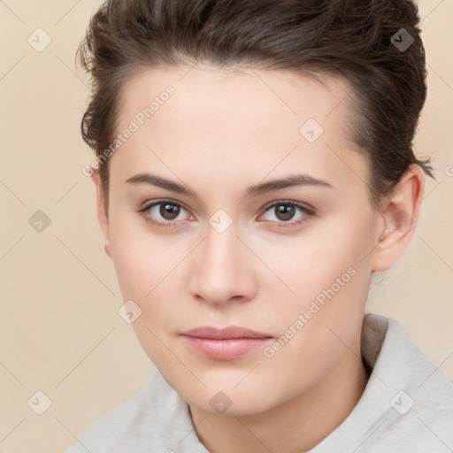 Neutral white young-adult female with short  brown hair and brown eyes