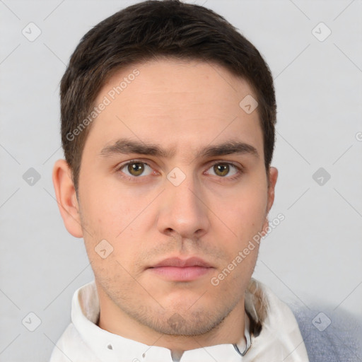 Neutral white young-adult male with short  brown hair and brown eyes