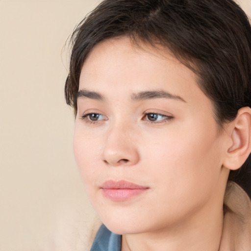 Neutral white young-adult female with medium  brown hair and brown eyes