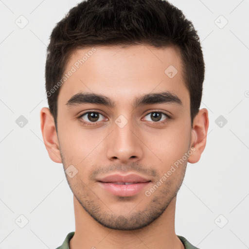 Neutral white young-adult male with short  brown hair and brown eyes