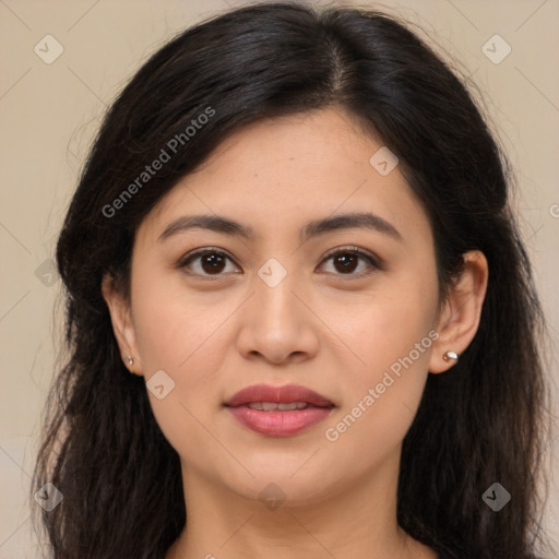 Joyful asian young-adult female with long  brown hair and brown eyes