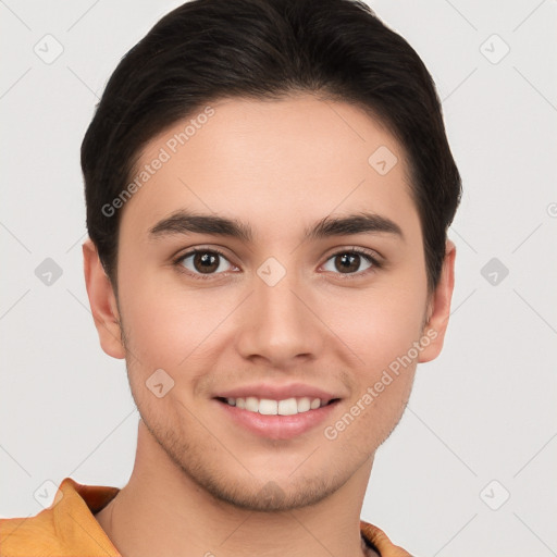 Joyful white young-adult male with short  brown hair and brown eyes