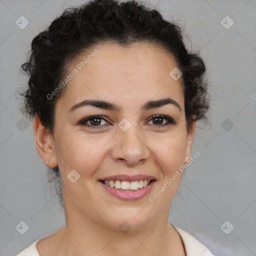 Joyful latino young-adult female with short  brown hair and brown eyes