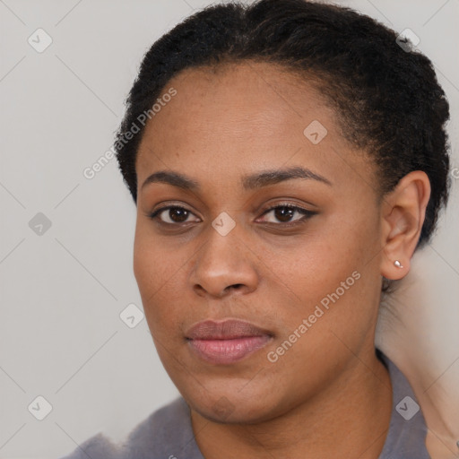 Neutral black young-adult female with short  brown hair and brown eyes