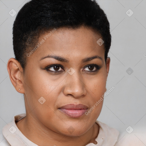 Joyful latino young-adult female with short  brown hair and brown eyes