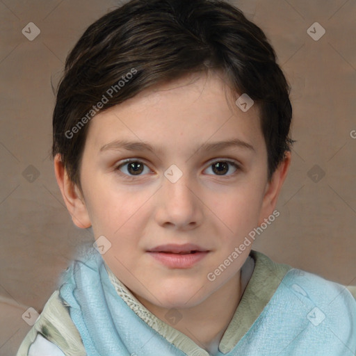 Joyful white child female with medium  brown hair and brown eyes