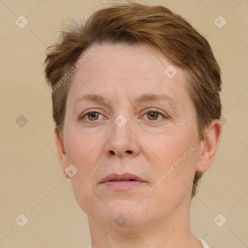 Neutral white adult female with short  brown hair and brown eyes