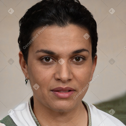 Joyful white young-adult female with short  black hair and brown eyes