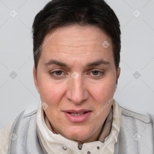 Joyful white adult female with short  brown hair and grey eyes