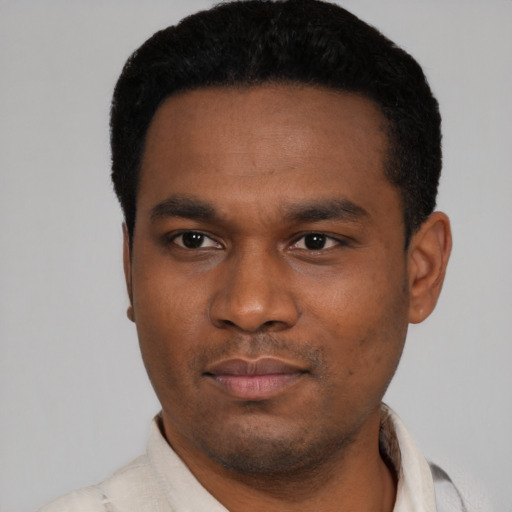 Neutral black young-adult male with short  black hair and brown eyes
