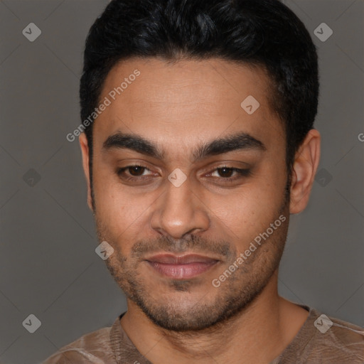 Joyful latino young-adult male with short  black hair and brown eyes