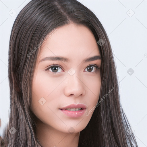 Neutral white young-adult female with long  brown hair and brown eyes