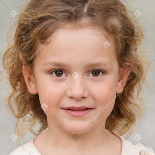 Joyful white child female with medium  brown hair and brown eyes